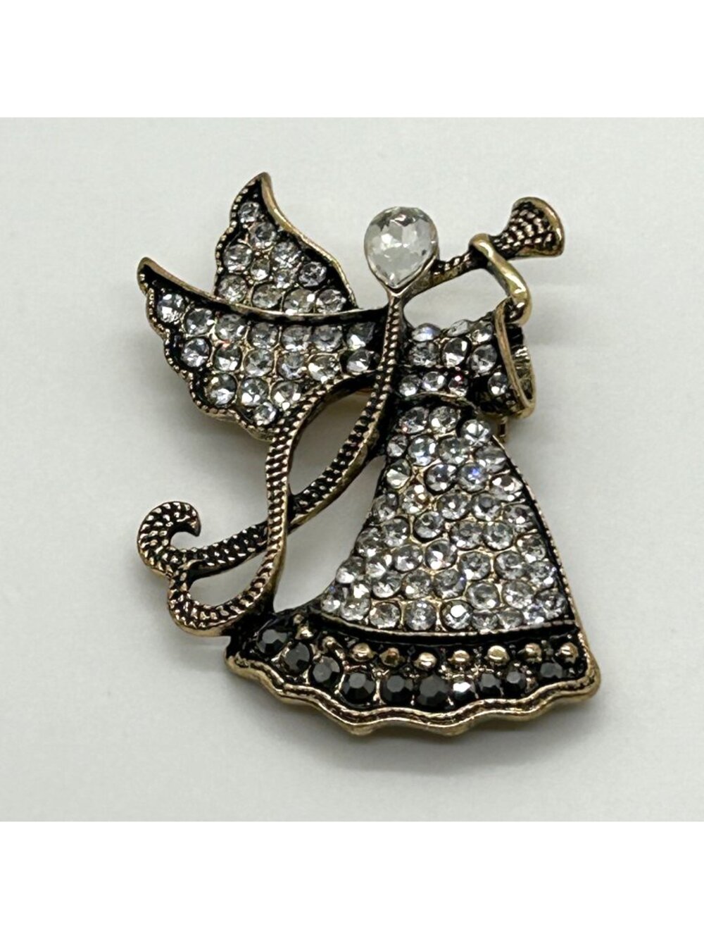 Vintage Monet Brooch Gold Tone Rhinestone Trumpeting Angel Guardian Christmas